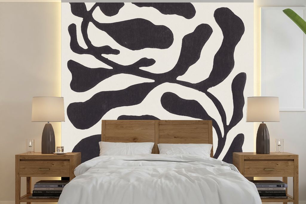 MuchoWow Fototapete für Wohnzimmer oder Schlafzimmer Wandtapete Vinyl Motivtapete Blätter - Pflanze - Pastell - Schwarz - 240x240 cm - Schlafzi...