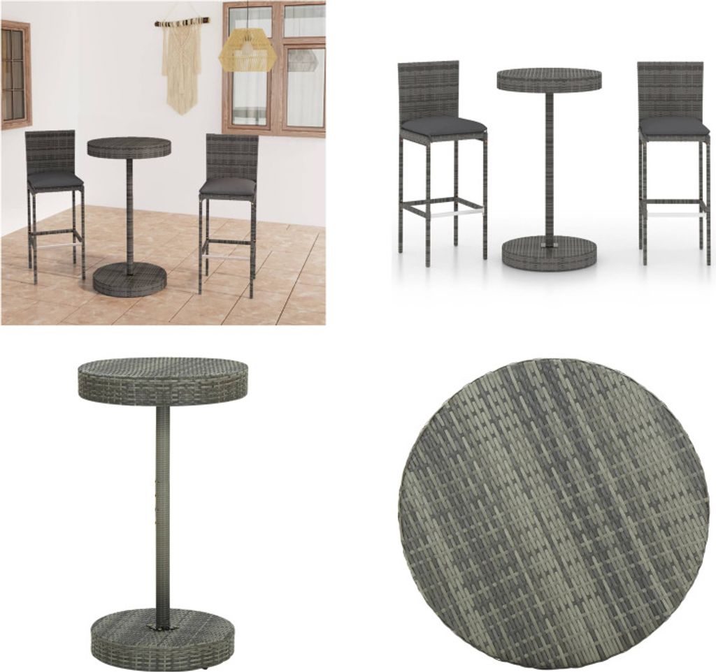 vidaXL 3 tlg. Gartenbar Set mit Kissen Poly Rattan Grau - Bar-Set - Bar-Sets - Bartisch Und Barhocker - Bartisch