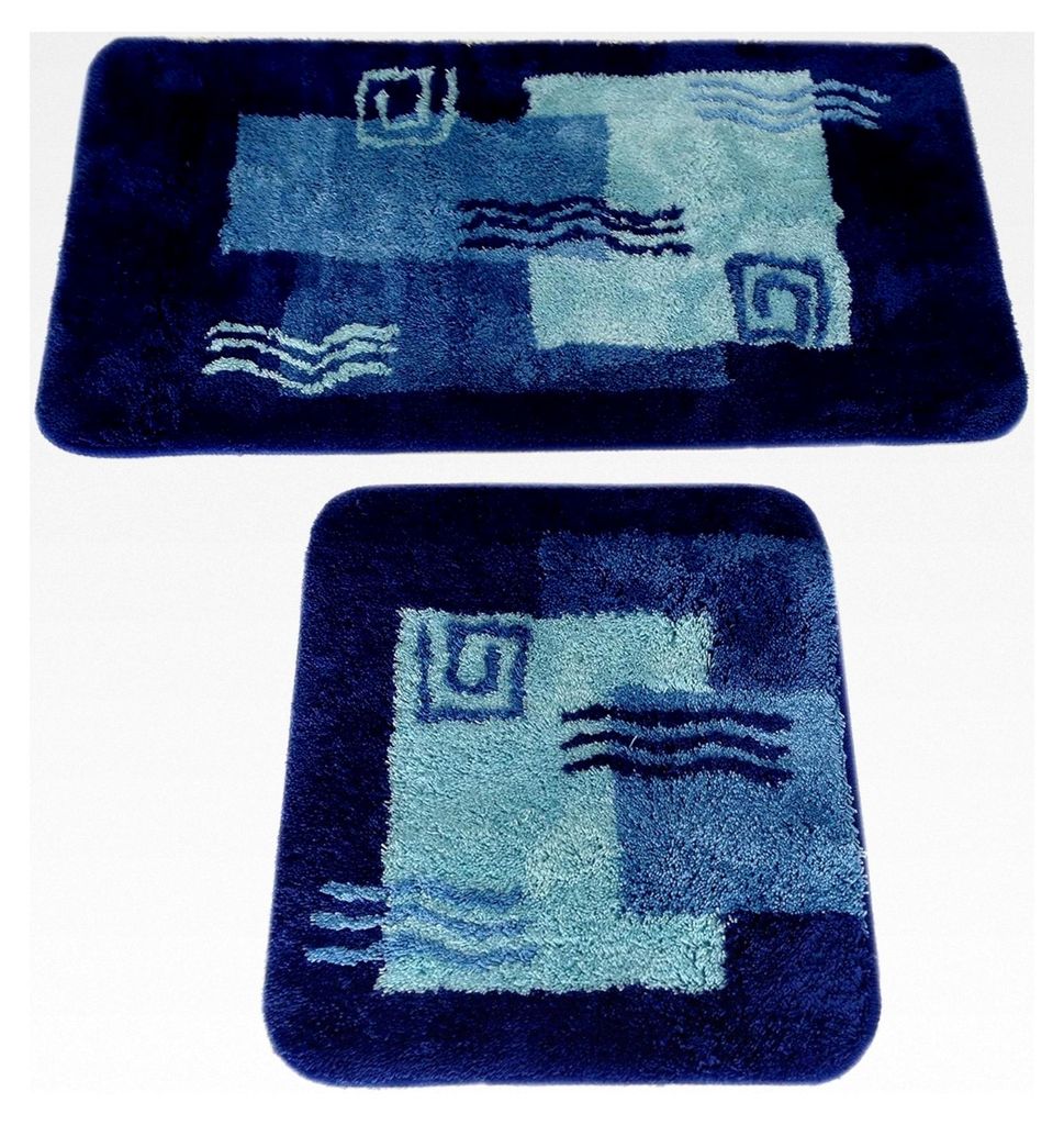 Badematten Set | Blau | 2-teilig | rutschfest | WC-Vorleger 50 x 45 cm | Badvorleger 50 x 90 cm | Badteppich | Badezimmer