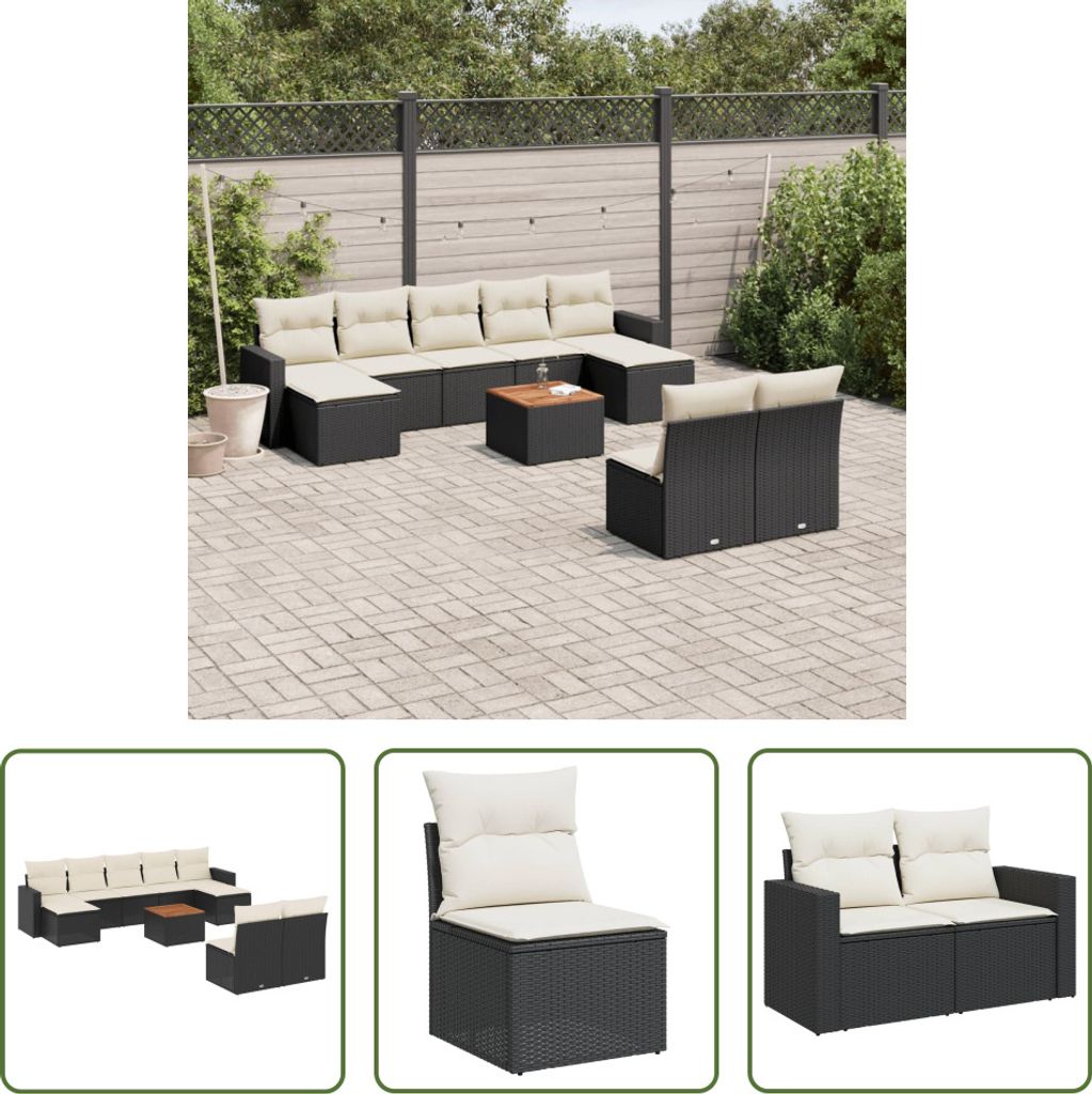 The Living Store 10-tlg. Garten-Sofagarnitur mit Kissen Schwarz Poly Rattan