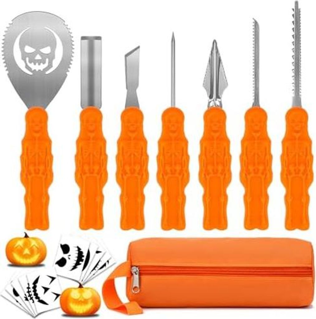 COOLUCK Kürbis Schnitzset mit Vorlagen - 7 Stück Halloween Schnitzwerkzeug Kürbis Carving Set mit Tragetasche und 10 Stück Schnitzvorlagen, DIY...