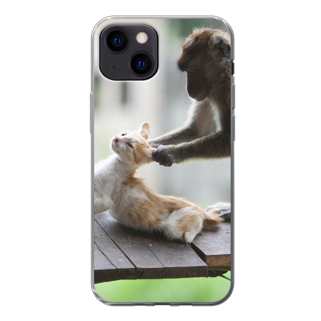 MuchoWow Handyhülle Schutzhülle Hülle für iPhone 13 mini Katze - Affe - Holz Silikon Softcase Handy Hülle - Softcase