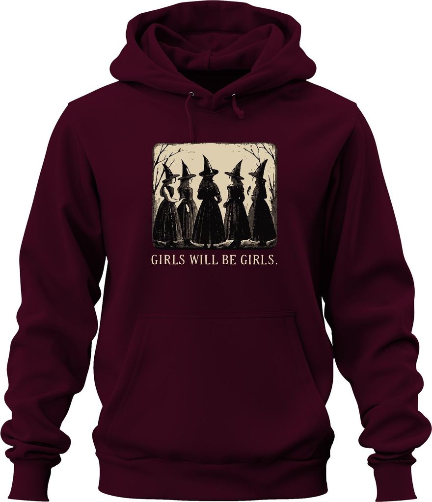 Girls will be girls Hexen Vintage Halloween Gothic Retro Mädchen Uni Hoodie Kapuzenpullover, Burgundy, M