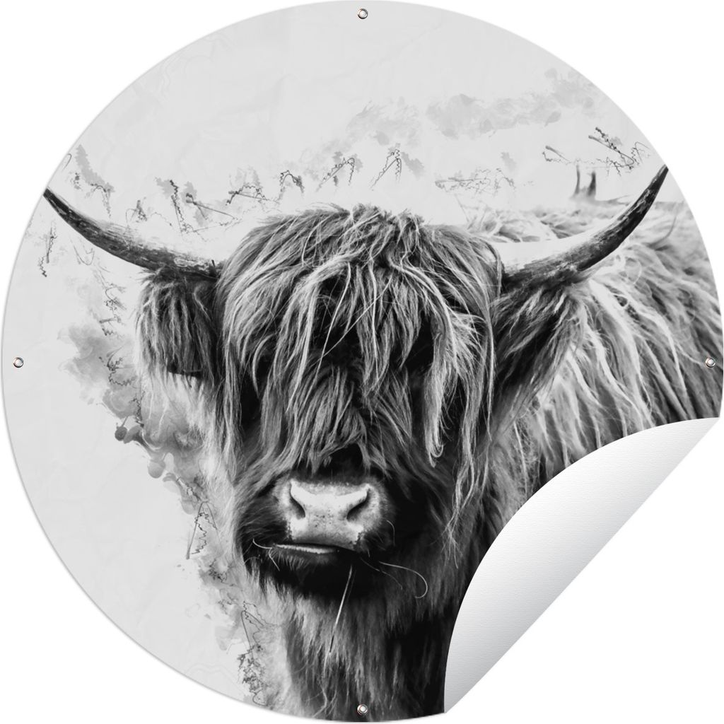 MuchoWow Gartenposter Outdoor-Poster Rund Schottischer Highlander - Kuh - Weiß Ø 120 cm Gartendeko Rundes Poster draußen