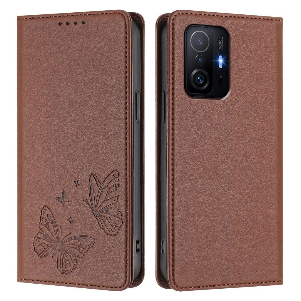Lederhülle für Xiaomi 11T /Xiaomi 11T Pro, Schmetterling Prägung Leder Brieftasche Schutzhülle mit Ständer Braun