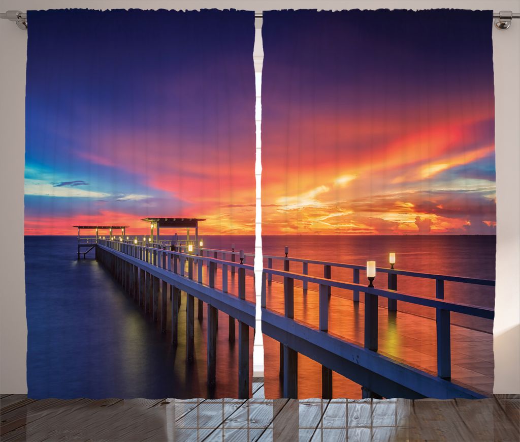 ABAKUHAUS Landschaft Rustikaler Gardine, Hölzerne Brücke über Meer, Schlafzimmer Kräuselband Vorhang mit Schlaufen und Haken, 280 x 175 cm, Ora...