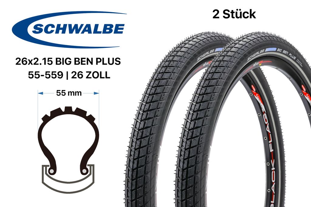 2 Stück 26 Zoll Schwalbe Big Ben Plus Reifen 26x2.15 City Bike Reflex Streifen