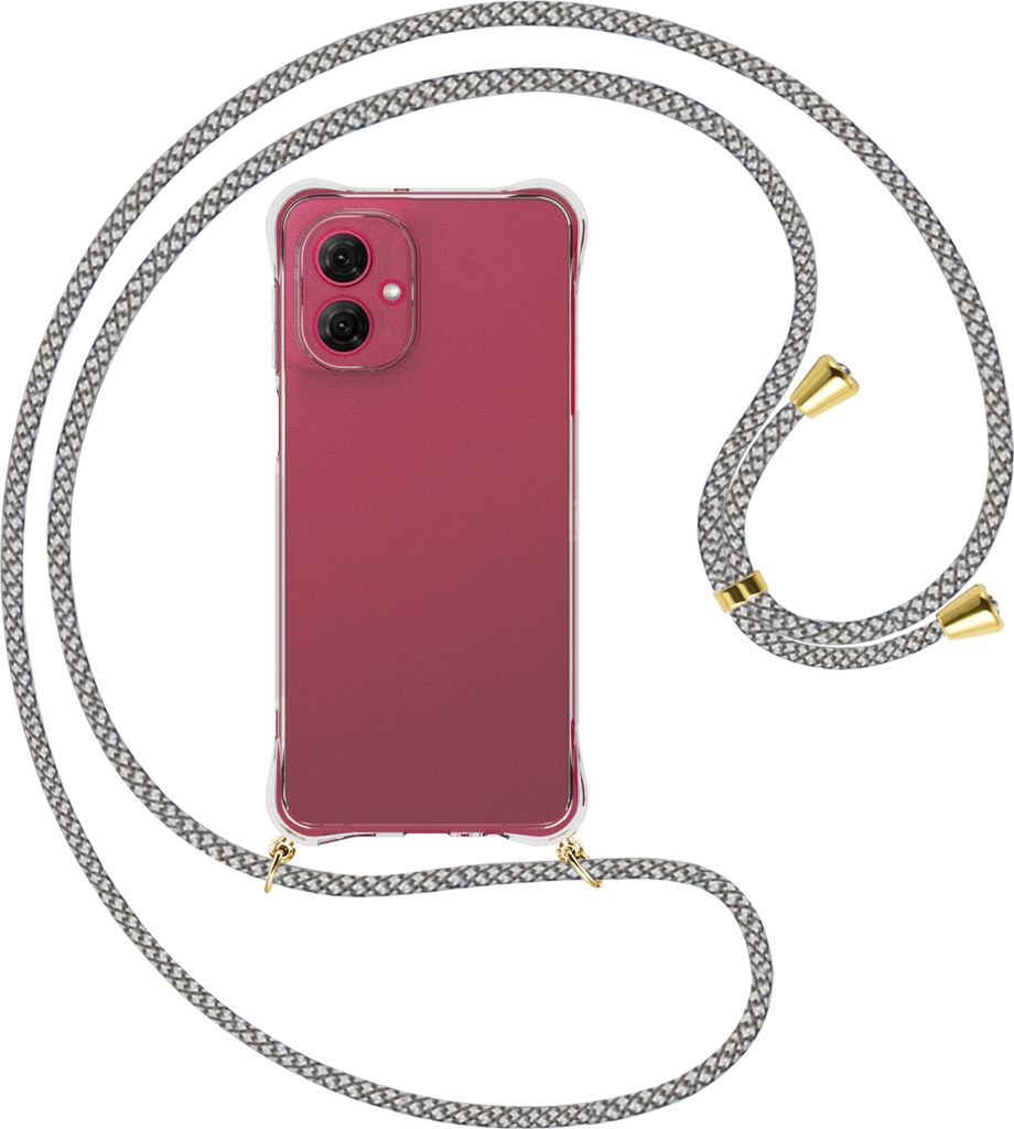 Handykette Backcover-Schutzhülle mit Band (Metall goldfarben) für Motorola Moto G55 5G - weiß/grau kariert
