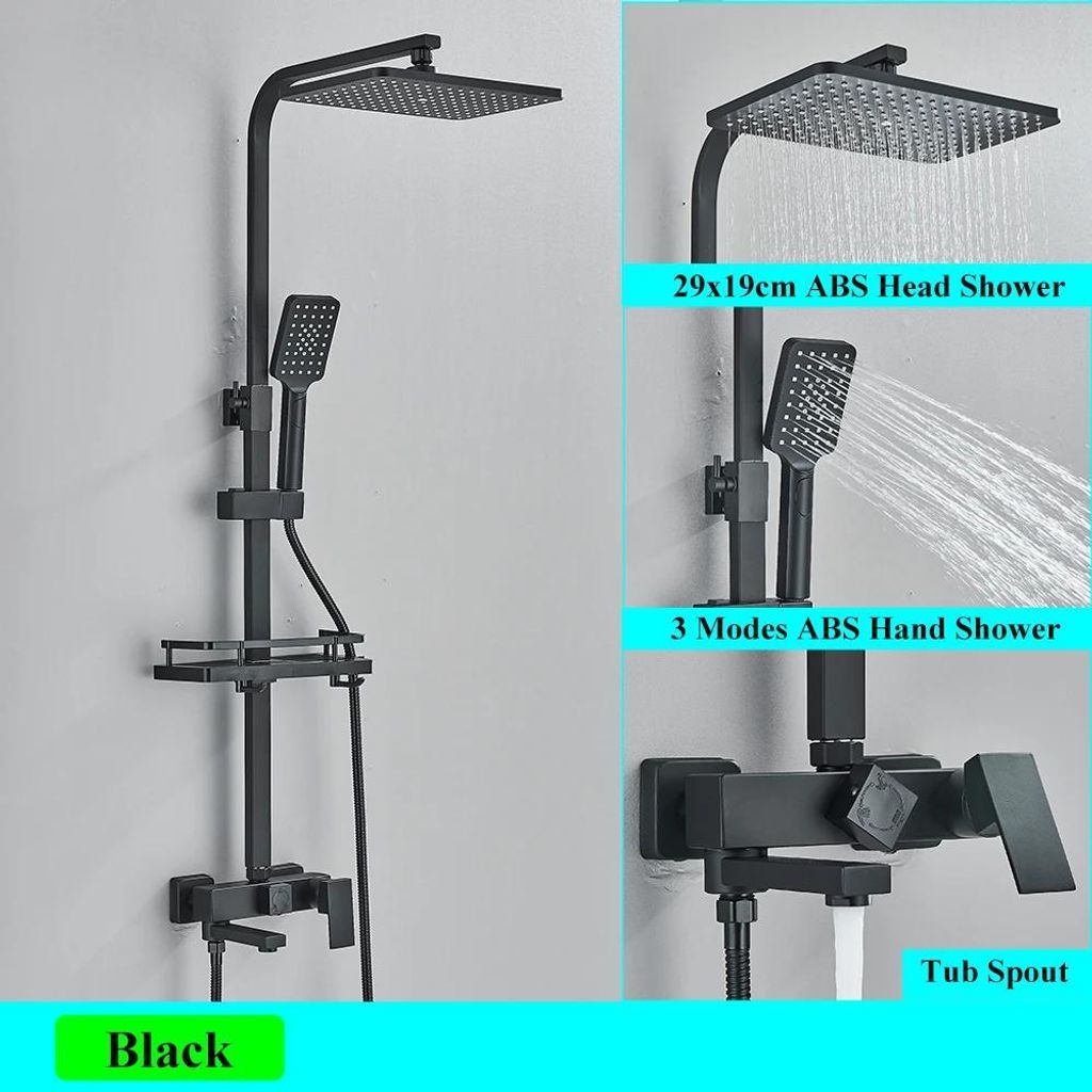 Duschset - Regendusche & Wannenarmatur - Mit Ablage - Höhenverstellbare Schiene - 3-Wege-Auslass - Einhebelmischer - Schwarz ABS/Chrom