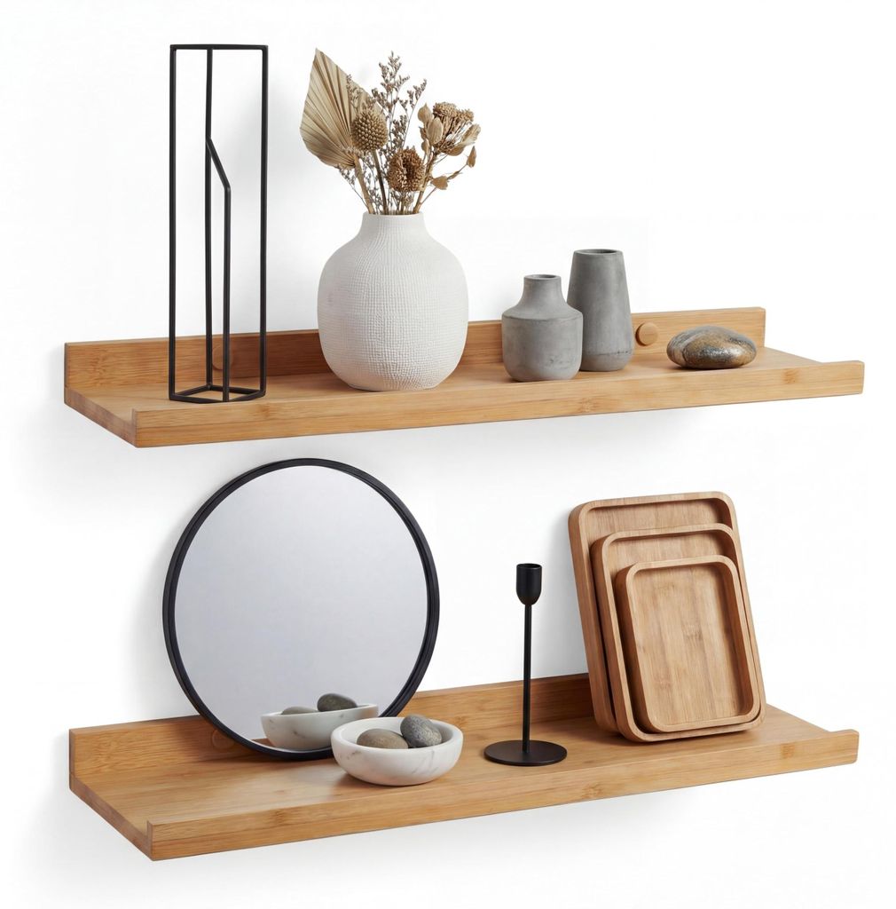 Set mit 2 Bambus-Fotoregalen, 60 cm – Wandregal aus Holz inklusive Schraubenabdeckungen