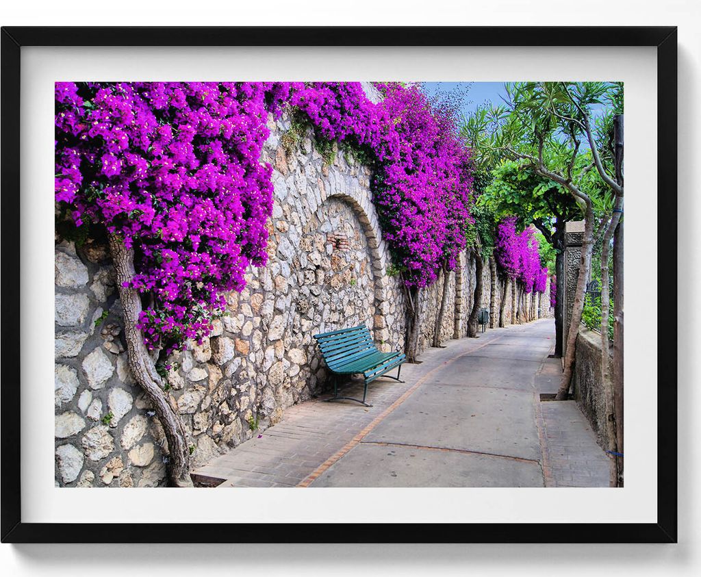 Straße mit Blumen auf Capri, Italien– Wandbild mit Rahmen – Gerahmtes Bild – Wanddekoration – 80x60 cm – Schwarz Rahmen