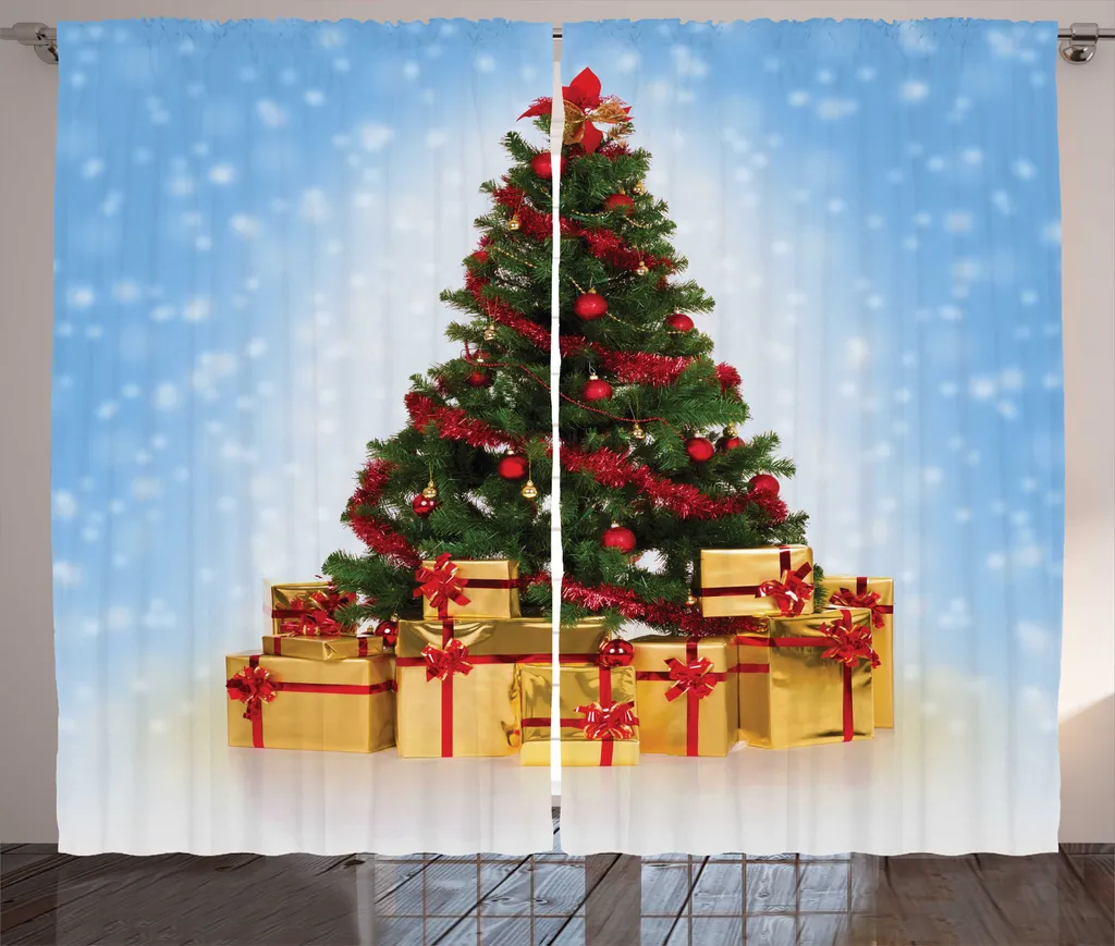 Rideau de Noël Sapin Enneigé Style Rustique Bleu et Moutarde 280 x 225 cm