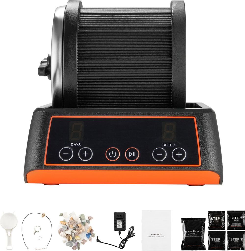 A product shot of a rock tumbler and its accessories on a white background.