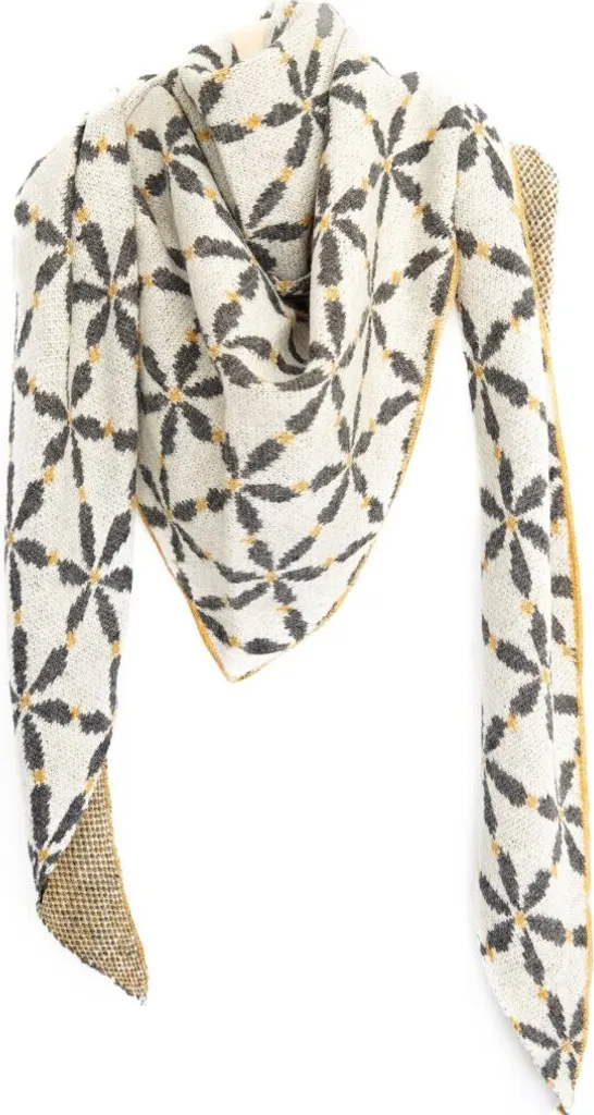 Maxi Sciarpa Donna Triangolo 200x90 Motivo Fiori Crema e Grigio Scuro