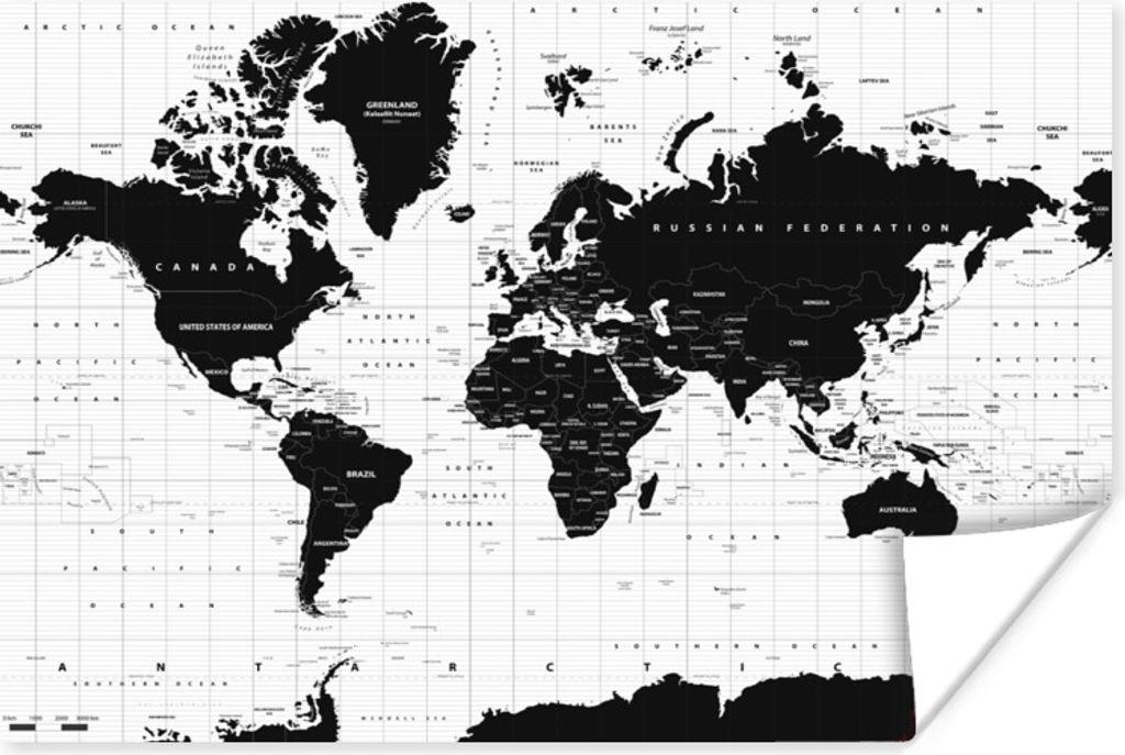 MuchoWow Poster Weltkarte - Schwarz - Weiß - Atlas - Erde - Bildung 150x100 cm - Fotoposter