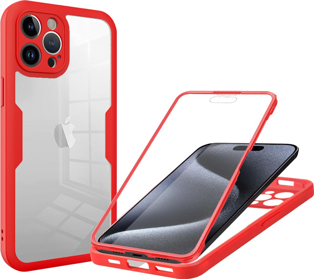 iPhone 15 Pro Schutzhülle, Eingebautem Displayschutz 360 Grad Komplettschutz Handyhülle für iPhone 15 Pro Rot