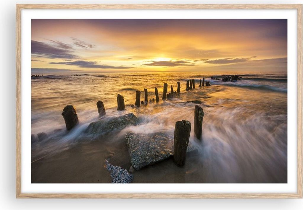 Gerahmtes Poster - Rahmen in heller Eiche - baltisch meer Mole Landschaft - 91,5x61 cm - Wand Bild - Wanddeko - Wandbilder - Wandposter - Bilderrah...