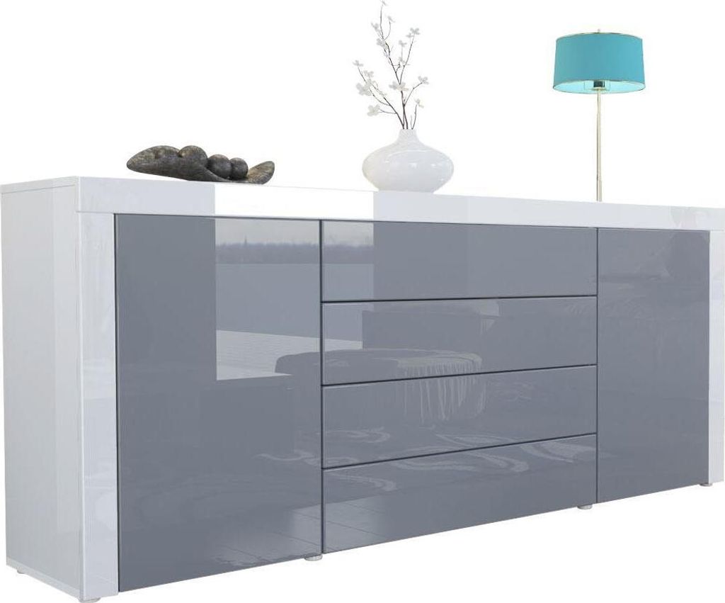 Vladon Sideboard Kommode La Paz, Germany, Korpus in Weiß Hochglanz / Front in Grau Hochglanz mit Rahmen in Weiß Hochglanz