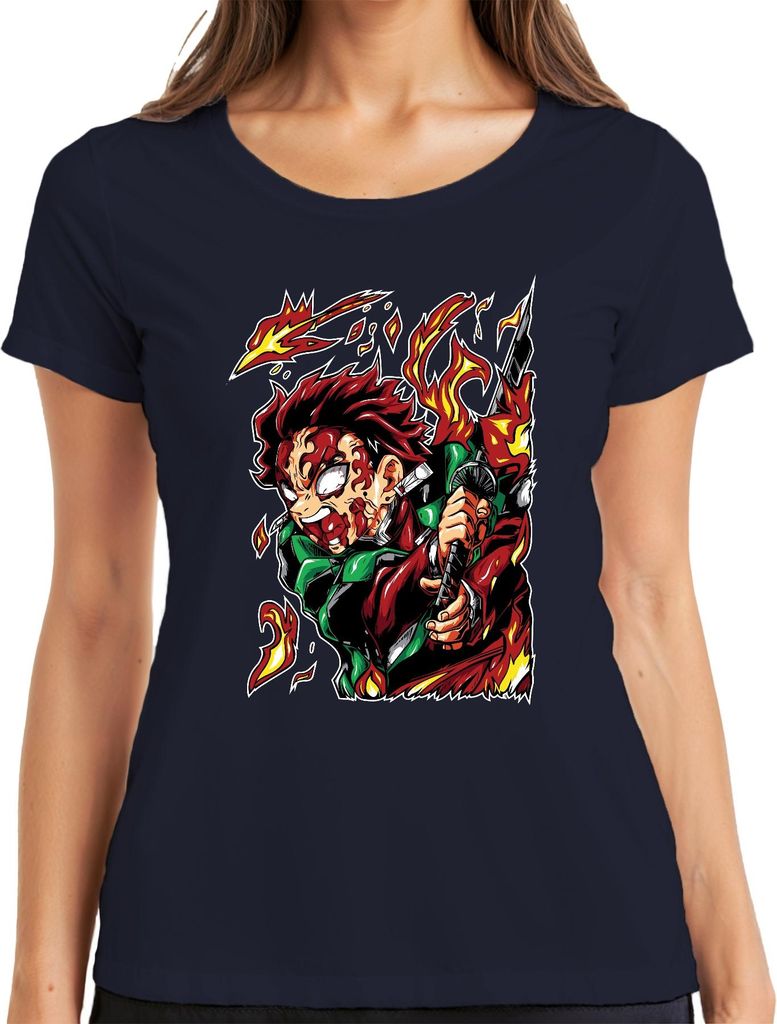 Dämonenjäger Samurai Katana Feuer Anime Geschenk Japan Y2K Streetwear Damen T-Shirt, Navy, XXL