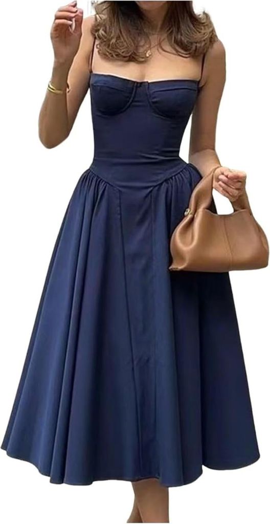 Damen Vintage Sommerkleid Lang mit Trägern Blau Größe M