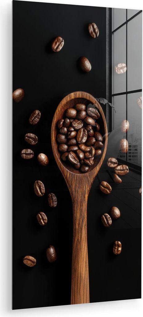 MuchoWow Glasbilder - Bilder auf Wandbild - Foto auf Glas Holz - Schwarz - Kaffeebohnen 60x120 cm Wanddekoration aus Glas - Acrylglasbild - Acrylbi...