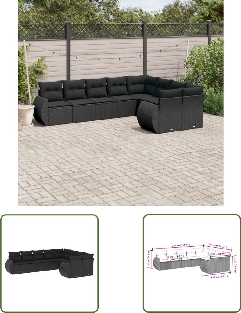 The Living Store 9-tlg. Garten-Sofagarnitur mit Kissen Schwarz Poly Rattan