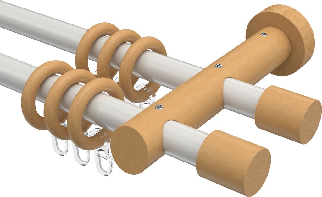 Interdeco Gardinenstange / Vorhangstange Weiß / Buche lackiert, Typ Talena Feta (Kappe), 20 mm Ø 2-läufig, 480 cm