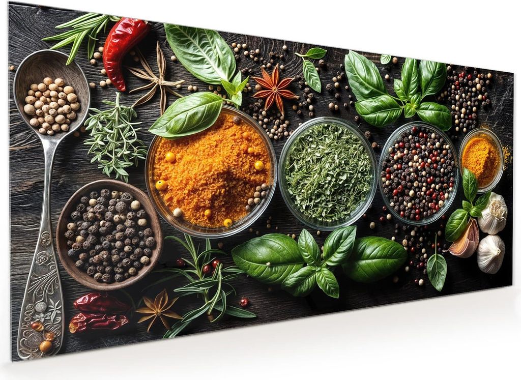 Küchenrückwand Spritzschutz Glas mit Motiv Gewürze Und Kräuter 40 x 40 cm