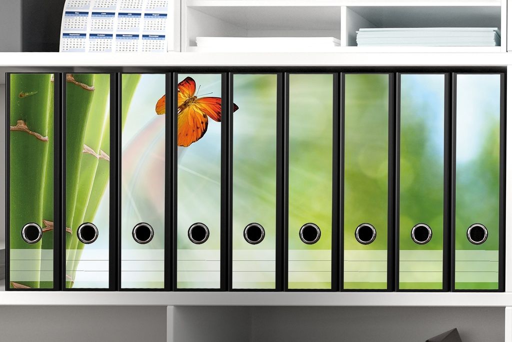Wallario Ordnerrücken Sticker, selbstklebend für breite Ordner, 9 Stück, Motiv Schmetterling im Grünen mit Bambus