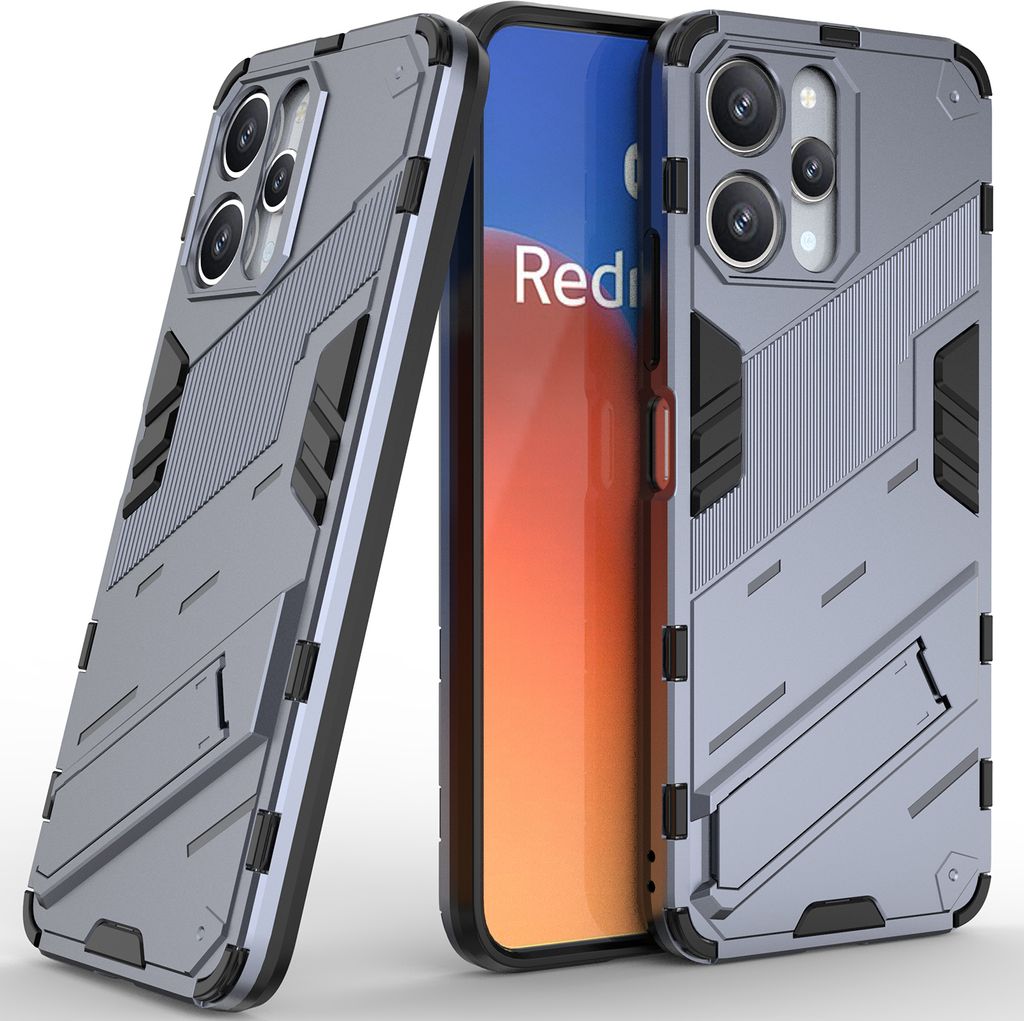 Armor Hülle für Xiaomi Redmi 12 /Note 12R/Poco M6 Pro 5G, Hybrid PC TPU Bumper Stoßfestes Schutzhülle mit Standfunktion Grau