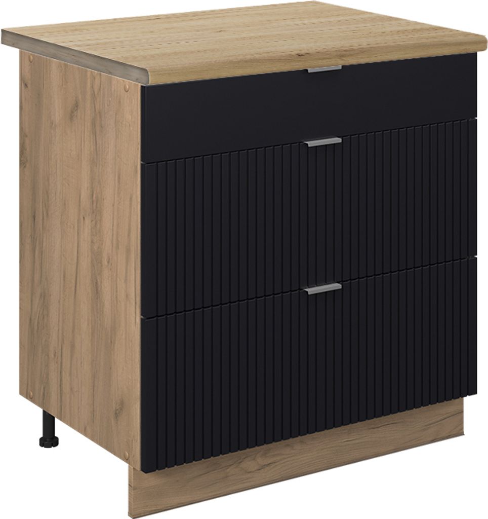Küchenunterschrank Vicco Fame-Line Schwarz gestreift 80 cm mit 3 Schubladen, AP Eiche, Model 50908