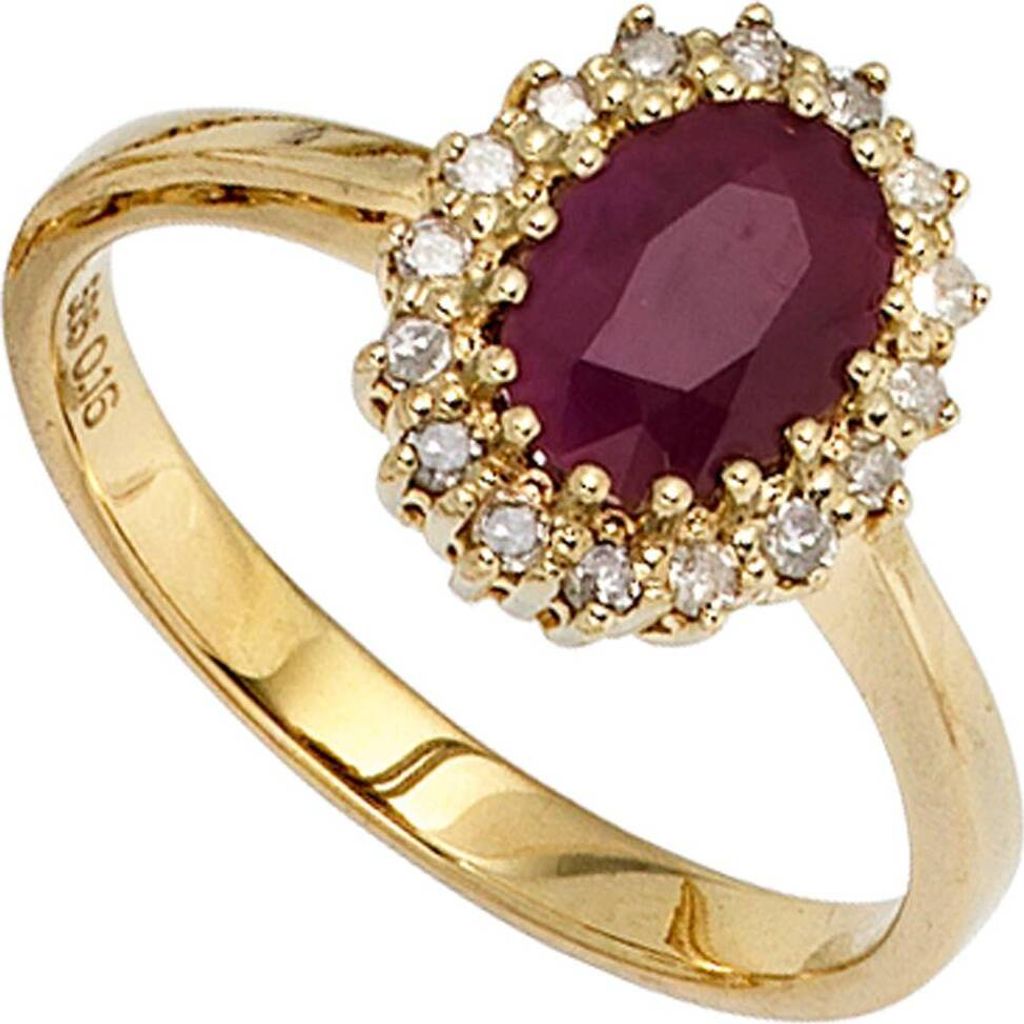 JOBO Damen Ring 585 Gold Gelbgold 16 Diamanten 0,16ct. 1 Rubin rot Goldring Größe 52