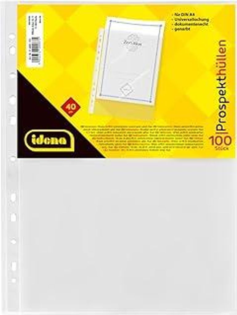 Idena 376002 - 100 Stück Klarsichthüllen A4 genarbt, Prospekthüllen aus Kunststoff 40μ, dokumentenecht, Klarsichtfolien mit Universallochung