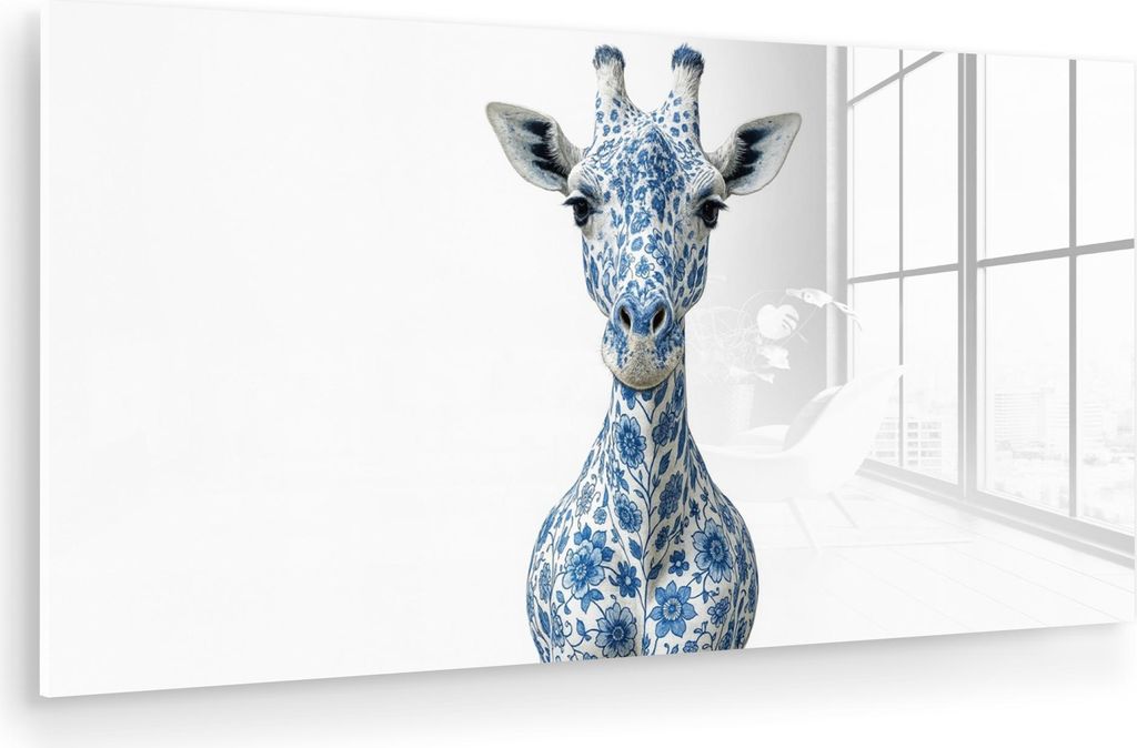 MuchoWow Glasbilder - Bilder auf Wandbild - Foto auf Glas Giraffe - Delfter Blau - Tiere - Minimalistisch 120x60 cm Wanddekoration aus Glas - Acryl...