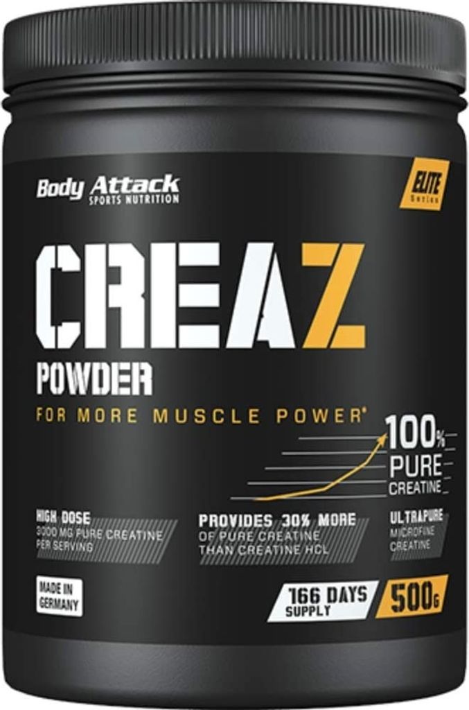 A black tub of Body Attack CREAZ POWDER supplement.