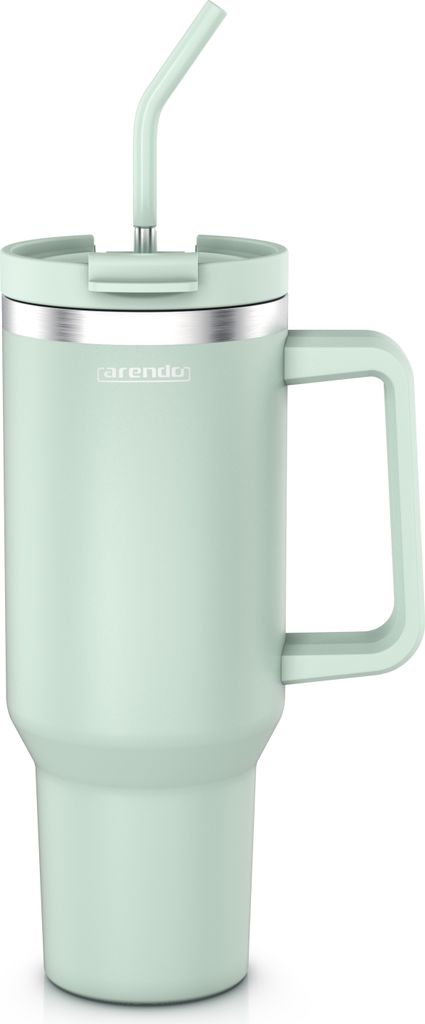 Arendo Isolierbecher, Thermobecher, Tumbler, Mehrwegbecher, 1200 ml, doppelwandiger Edelstahl, luftdichter Deckel, mit Henkel, Trinkhalm, BPA-frei,...