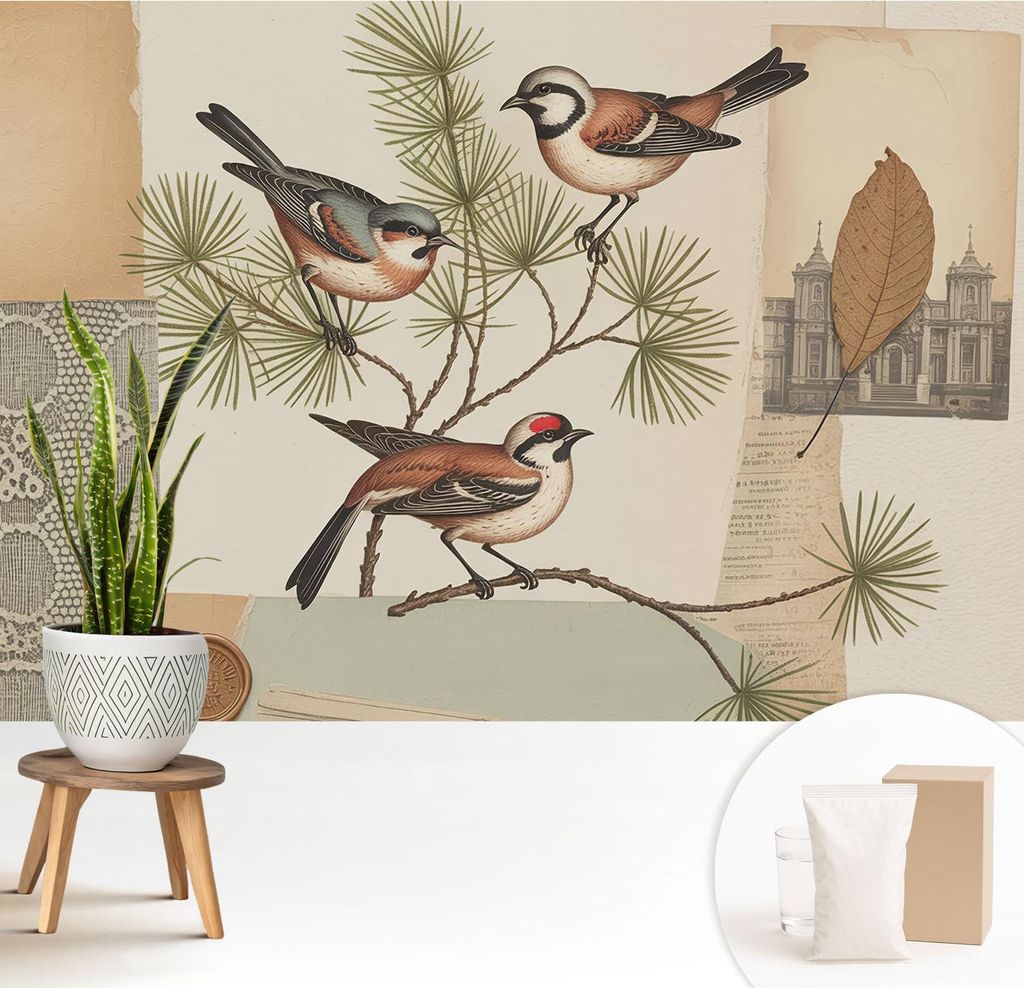 Fototapete - 208x146 cm - Tapete - Wandtapete - Wandbilder - Dekofolie - Tapete Folie - Wand - Dekoration - Wohnzimmer - Vogelcollage