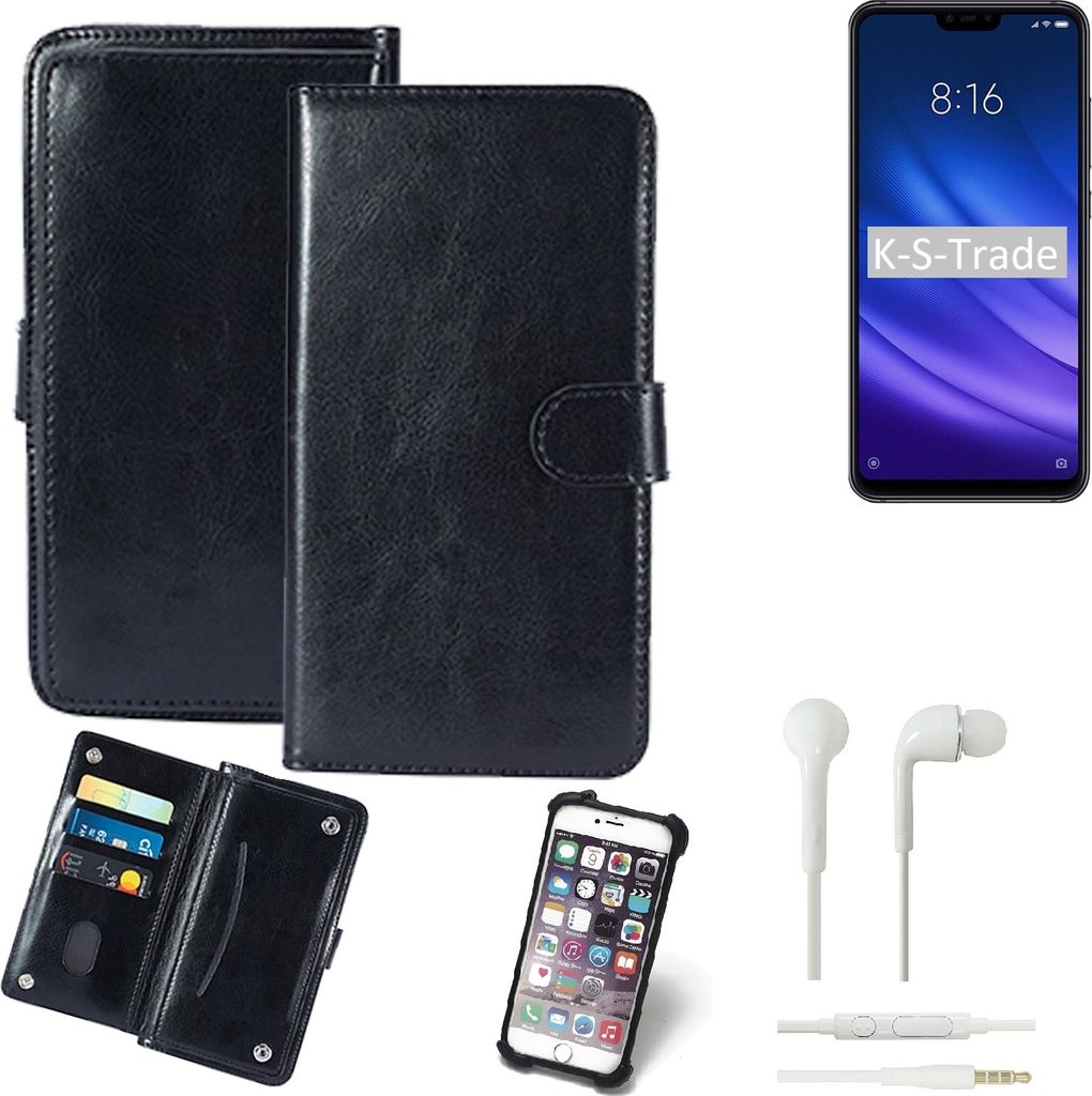 K-S-Trade 360° Hülle kompatibel mit Xiaomi Mi 8 lite inkl. Headphones schwarz Kunstleder Case BookCase WalletCase Kunstlederederhülle Handyhülle,