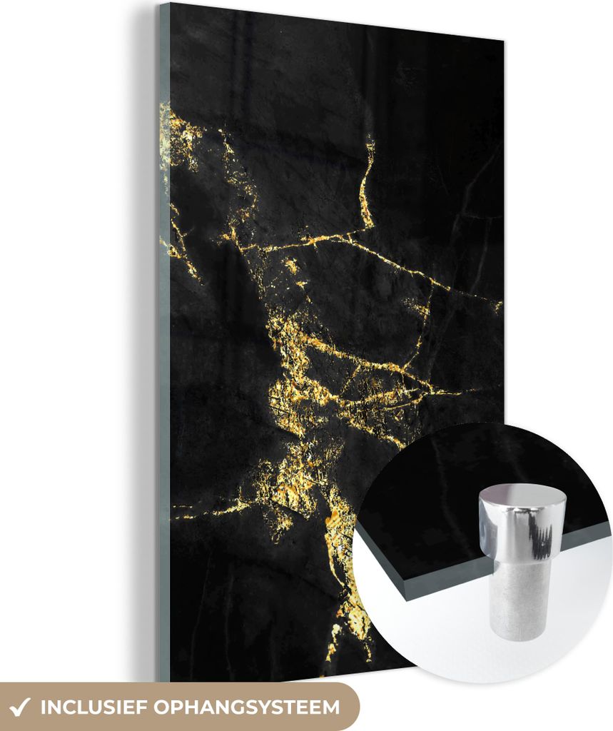 MuchoWow Glasbilder - Bilder auf Wandbild - Foto auf Glas Marmor - Schwarz - Gold - Luxus 80x120 cm Wanddekoration aus Glas - Acrylglasbild - Acryl...