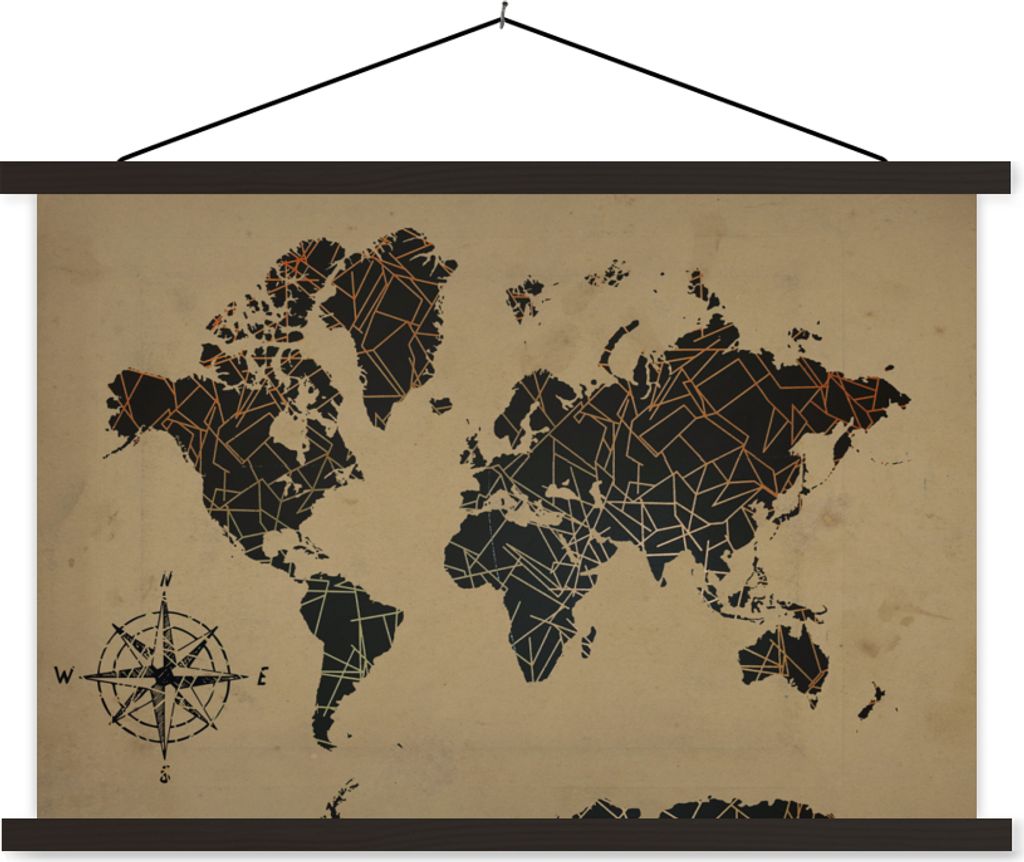 MuchoWow Textilposter Weltkarte - Vintage - Kompassrose 150x100 cm mit schwarzem Rahmen - Schlafzimmer