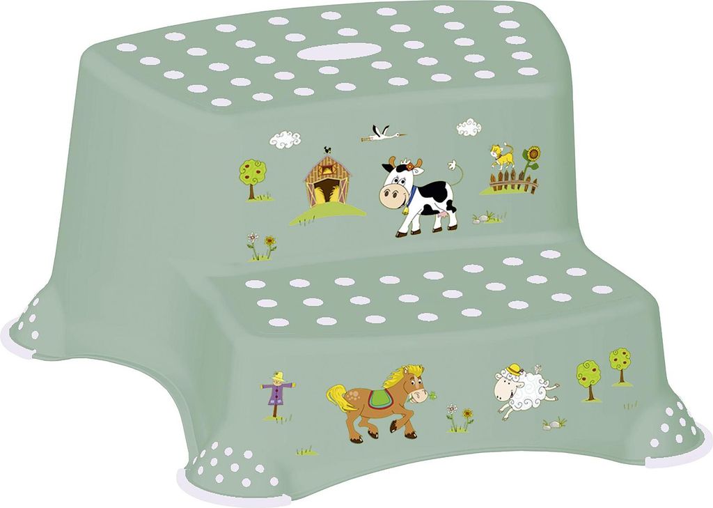 A light green step stool with farm animal illustrations, including a cow, horse, and sheep, on a white background.