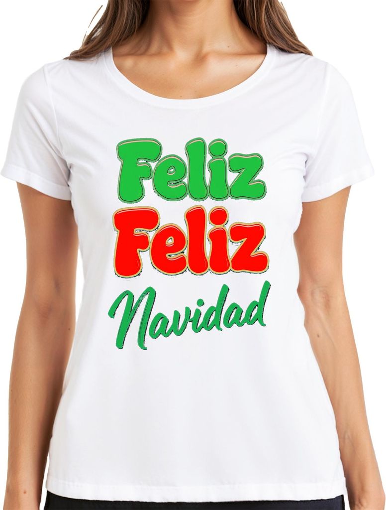 Feliz Feliz Navidad spanischer Weihnachtsgruß Retro Bunt Lustig Damen T-Shirt, Weiß, XL