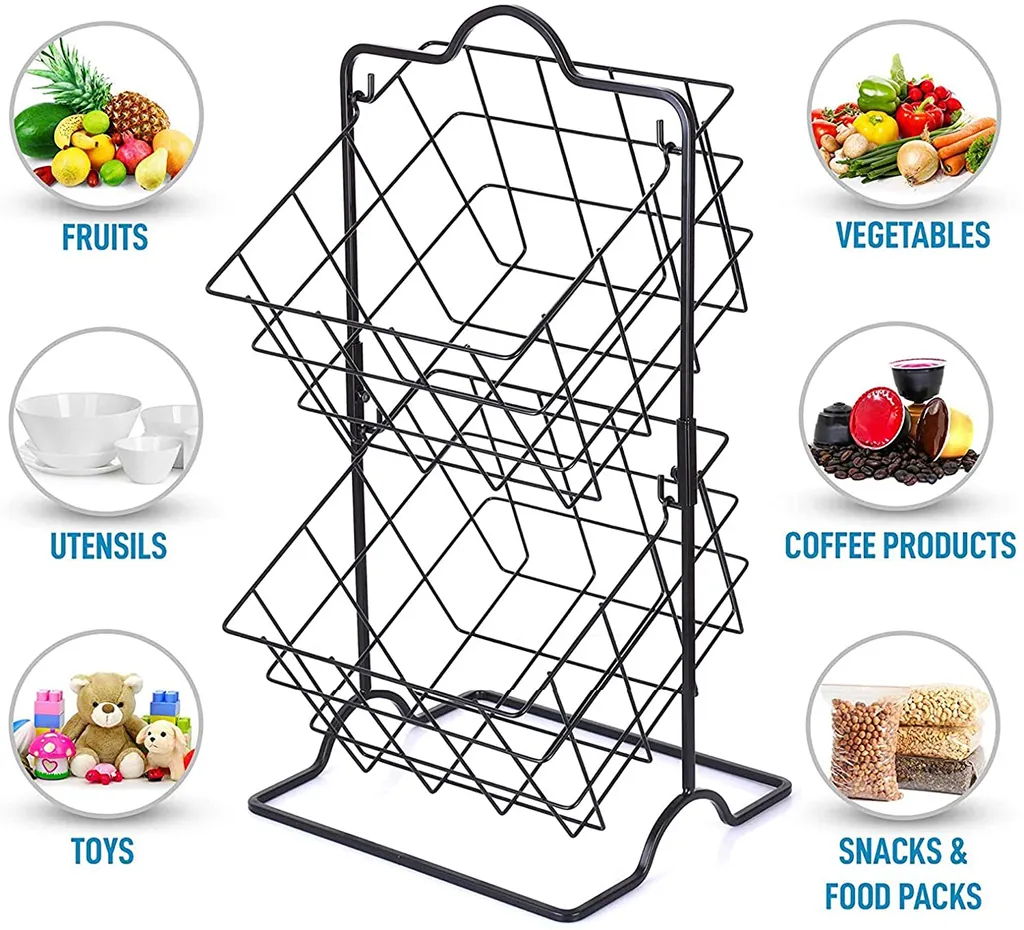 Corbeille de stockage en fer forgé noir, design double niveau robuste