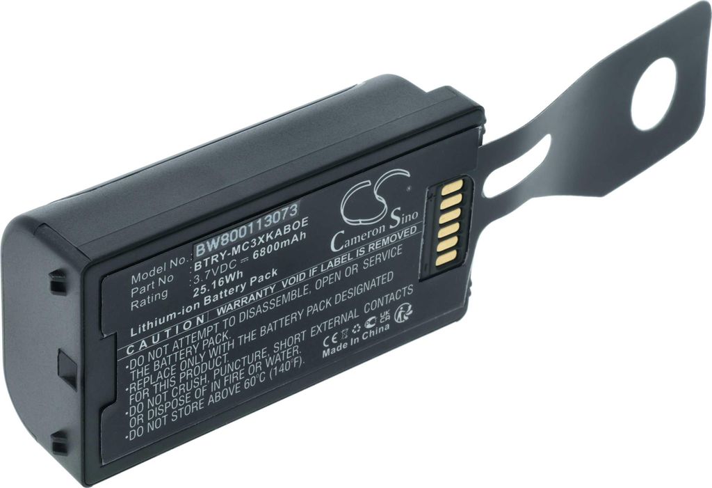A black lithium-ion battery pack with a metal bracket attached.