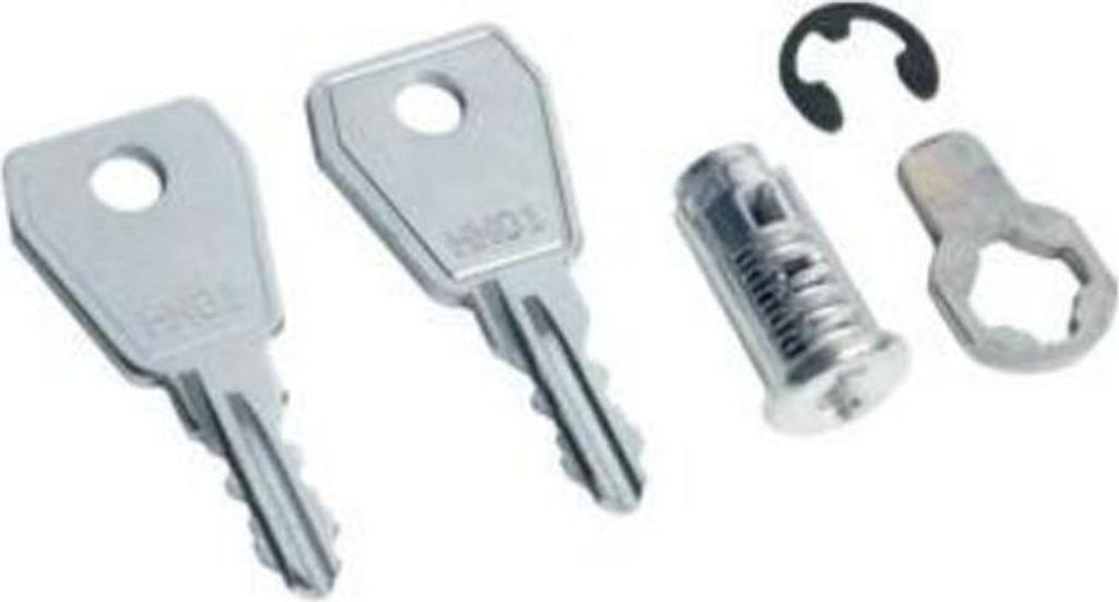 A set of keys, a lock cylinder, and two small metal pieces are arranged on a white background.