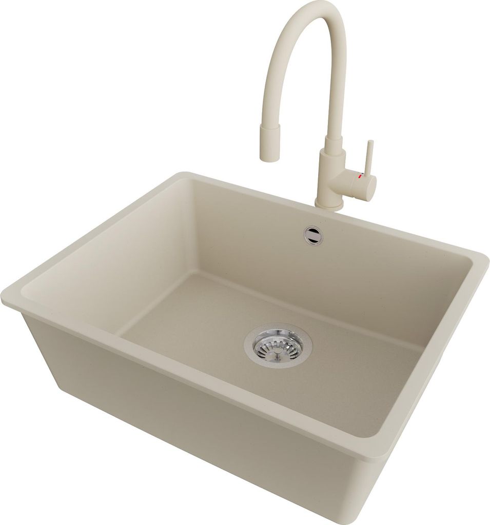 PRIMAGRAN Granitspüle Beige 56x44cm, Spülbecken 1 Becken + Küchenarmatur 38x14cm + Ablauf-Set, Küchenspüle ab 60er Unterschrank - Venedig Slim...