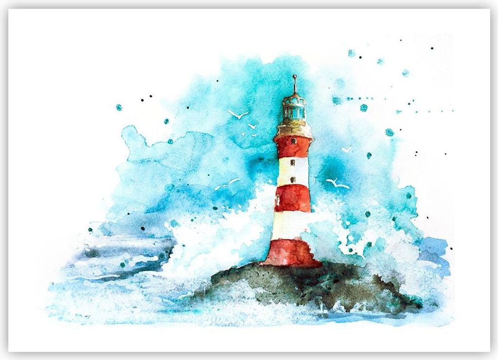 Poster - Poster ohne Rahmen - Leuchtturm Wasser Illustration Welle - 70x50 cm - Wand Bild - Wanddeko - Wandbilder - Kunstposter - Wandposter - Bild...