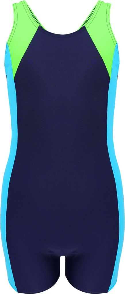 Aquarti Mädchen Badeanzug mit Bein Ringerrücken, Farbe: Dunkelblau / Neongrün / Hellblau, Größe: 152