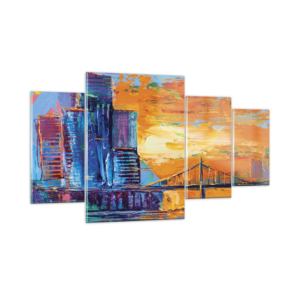 Bilder auf glas - 4 Teile - Stadt Brücke pastos - 160x90cm - Glasbilder - Wandbilder - Bilder - zum Aufhängen bereit - Wanddekoration aus Glas - ...