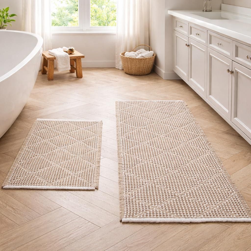 Großes, zweiteiliges Badteppich-Set, rutschfest, waschbar, im Boho-Stil, rautenförmige Bade-/Duschmatte für Bad, Waschküche, Wohnzimmer, Schlaf...